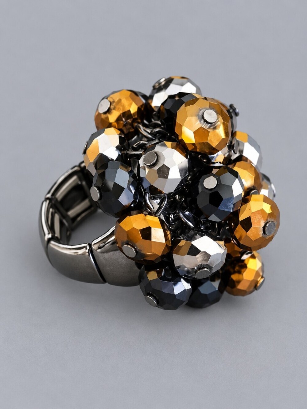 Vtg Gunmetal Aurum Beaded Bauble Chunky Stretch Statement Ring